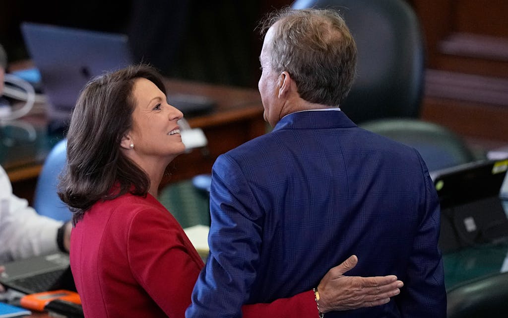 Texas state Attorney General Ken Paxton, right, is hugged by his wife State Sen. Angela Paxton, R-McKinney before the impeachment trial for Texas Attorney General Ken Paxton in the Senate Chamber at the Texas Capitol, Tuesday, Sept. 5, 2023, in Austin, Texas.