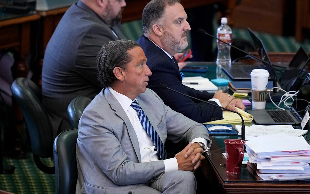 Defense attorney Tony Buzbee, front, objects to a line of questioning during the impeachment trial for Texas Attorney General Ken Paxton in the Senate Chamber.