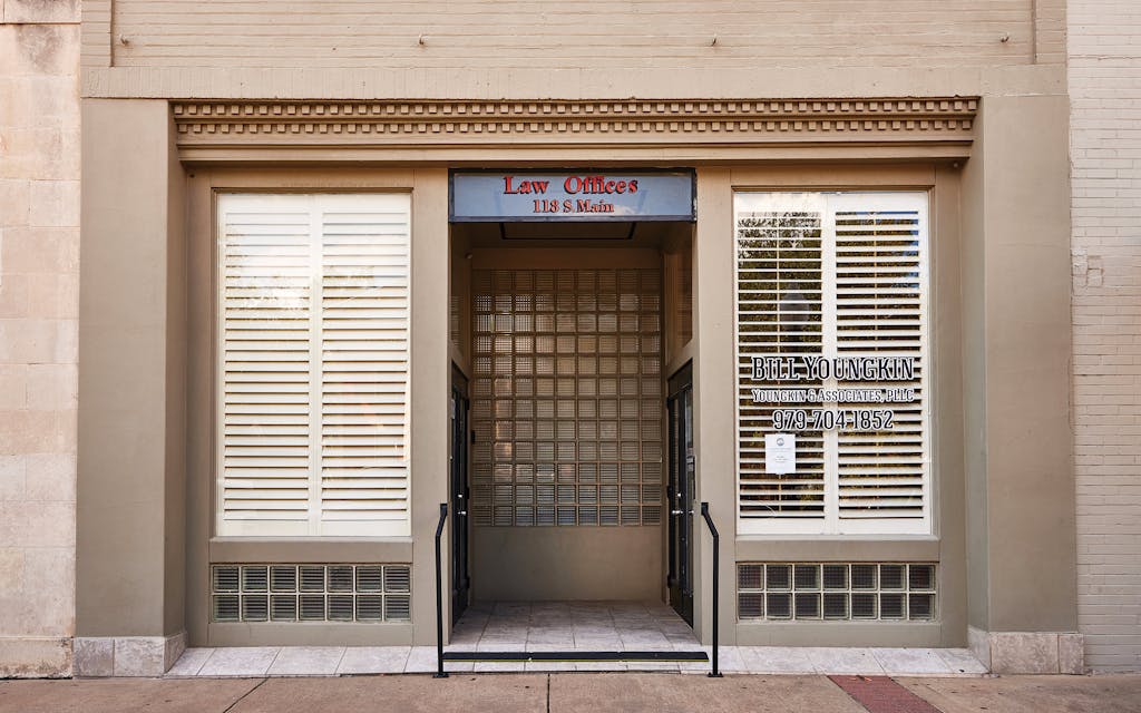 Bill Youngkin’s storefront law office, in downtown Bryan.