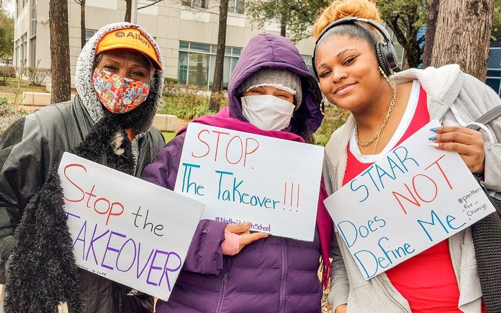 Students and community members protest the state takeover of HISD in February 2023.