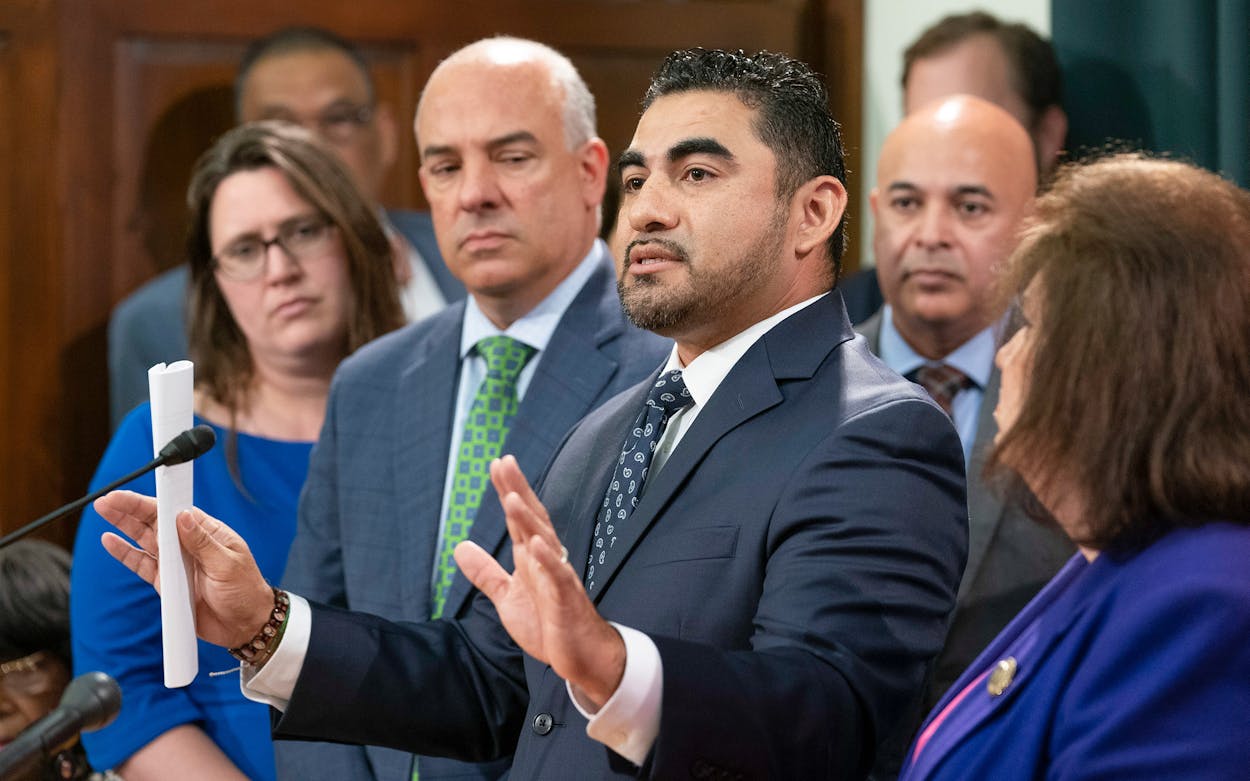 Democratic state Representative Armando Walle, D-Houston, leads the House Hispanic Caucus response to Governor Greg Abbott's call for a special session on July 8, 2021 in Austin.