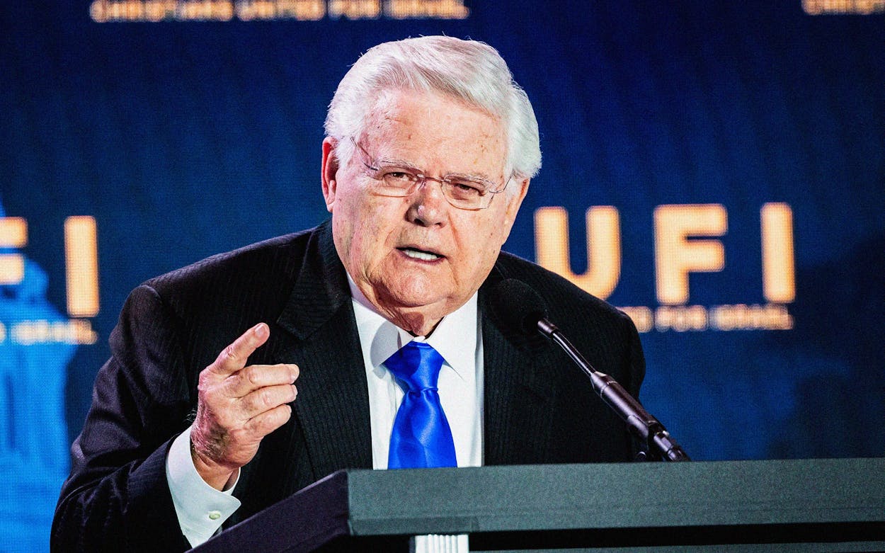 Pastor John Hagee speaks at the Christians United for Israel conference on July 17, 2023 in Arlington, Virginia.