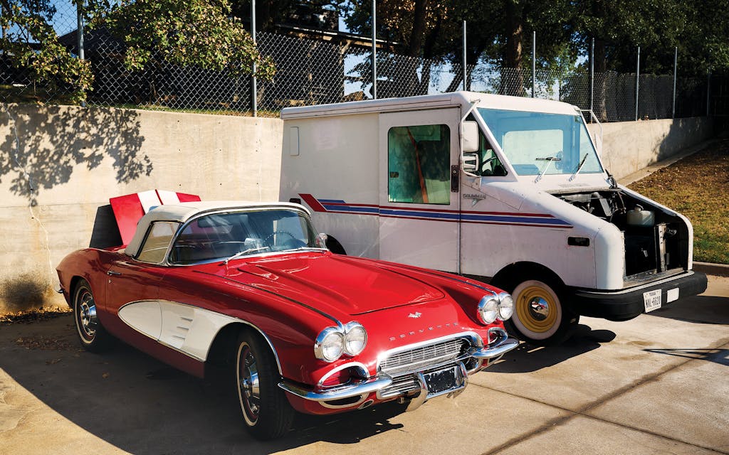 A 1961 Chevrolet Corvette (left) and 1991 Grumman LLV (a former U.S. Postal Service truck.)