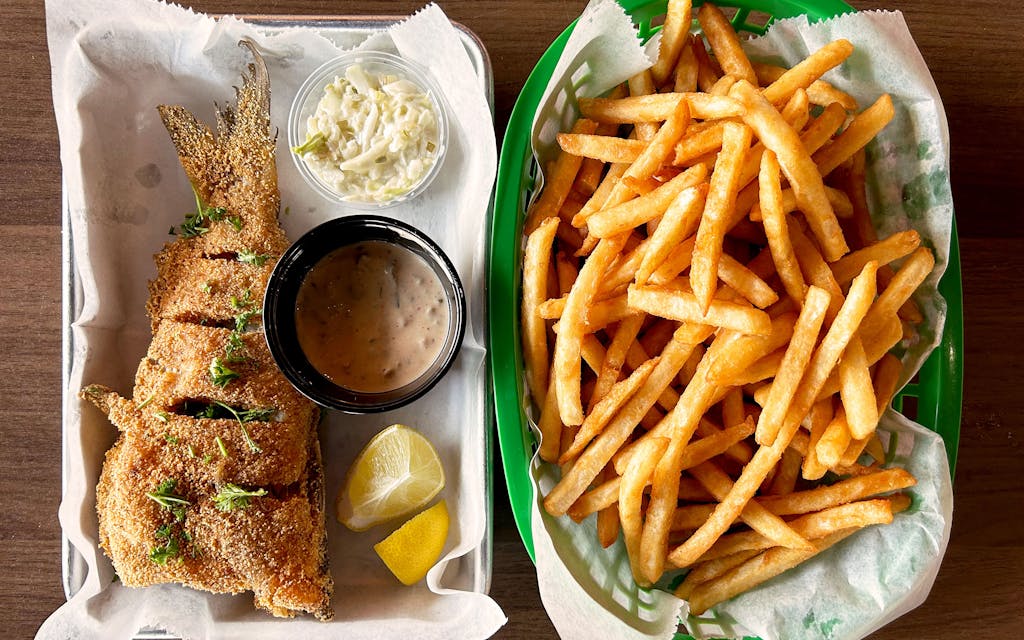 The fried catfish and fries from Earnest B's BBQ in Frisco.