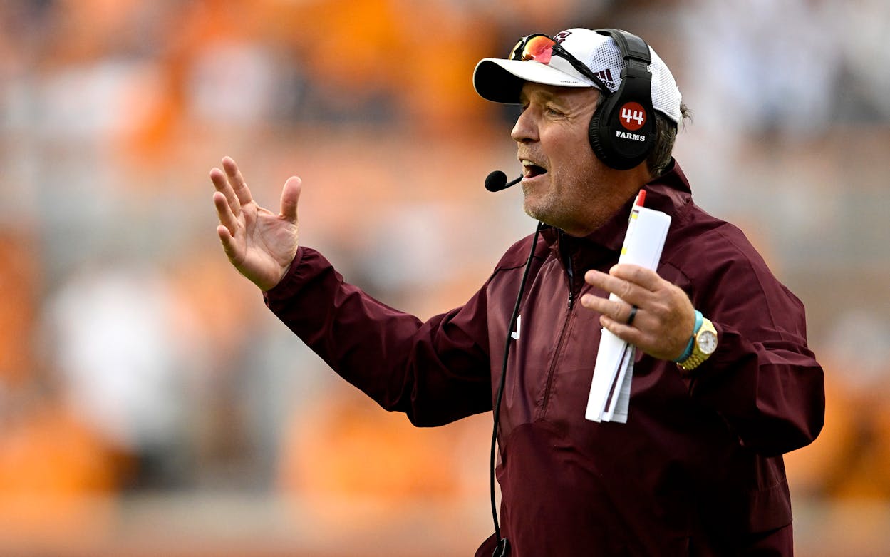 Head coach Jimbo Fisher of the Texas A&M Aggies reacts against the Tennessee Volunteers in the third quarter at Neyland Stadium on October 14, 2023 in Knoxville, Tennessee.
