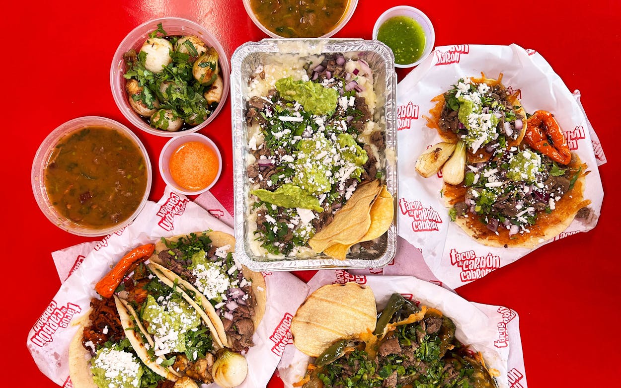 Clockwise from left: tacos, frijoles, loaded papa asada, mulitas, and chiles cabrones at Tacos al Carbón Cabrón.