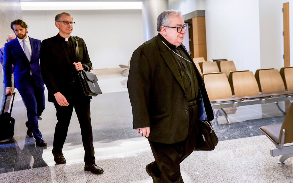 Bishop Micheal Olson enters the 67th District Court in downtown Fort Worth on June 27, 2023.