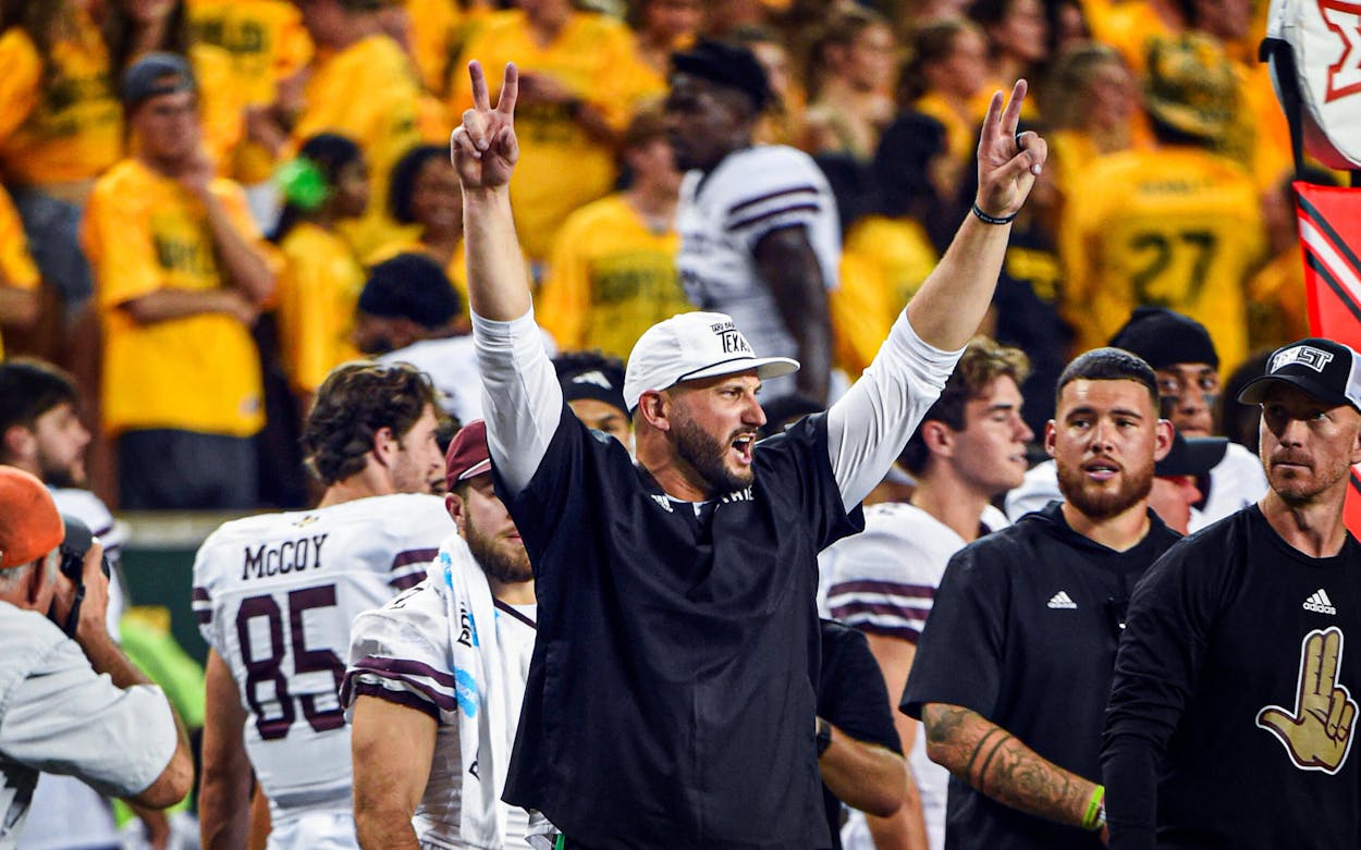 Texas State Bobcats head coach G. J. Kinne celebrates during a game between the Bobcats and the Baylor Bears on September 2, 2023 in Waco.