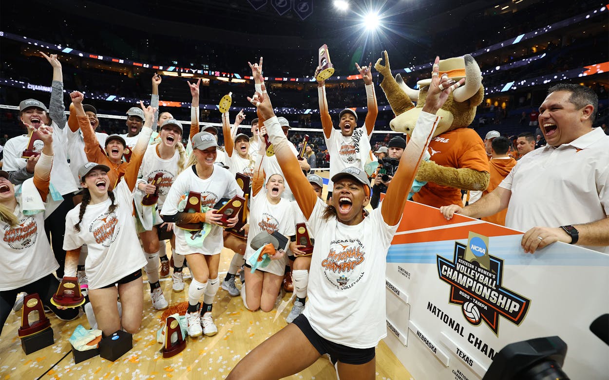 The Texas Longhorns celebrate after defeating the Nebraska Cornhuskers 3-0 to win the 2023 Division I Women's Volleyball Championship at Amalie Arena on December 17, 2023 in Tampa, Florida.