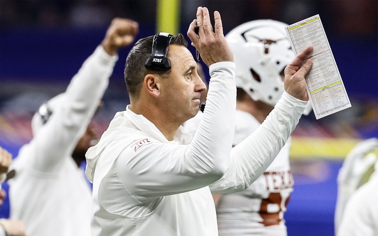 Texas head coach Steve Sarkisian reacts to a Texas stop of Washington on Monday.