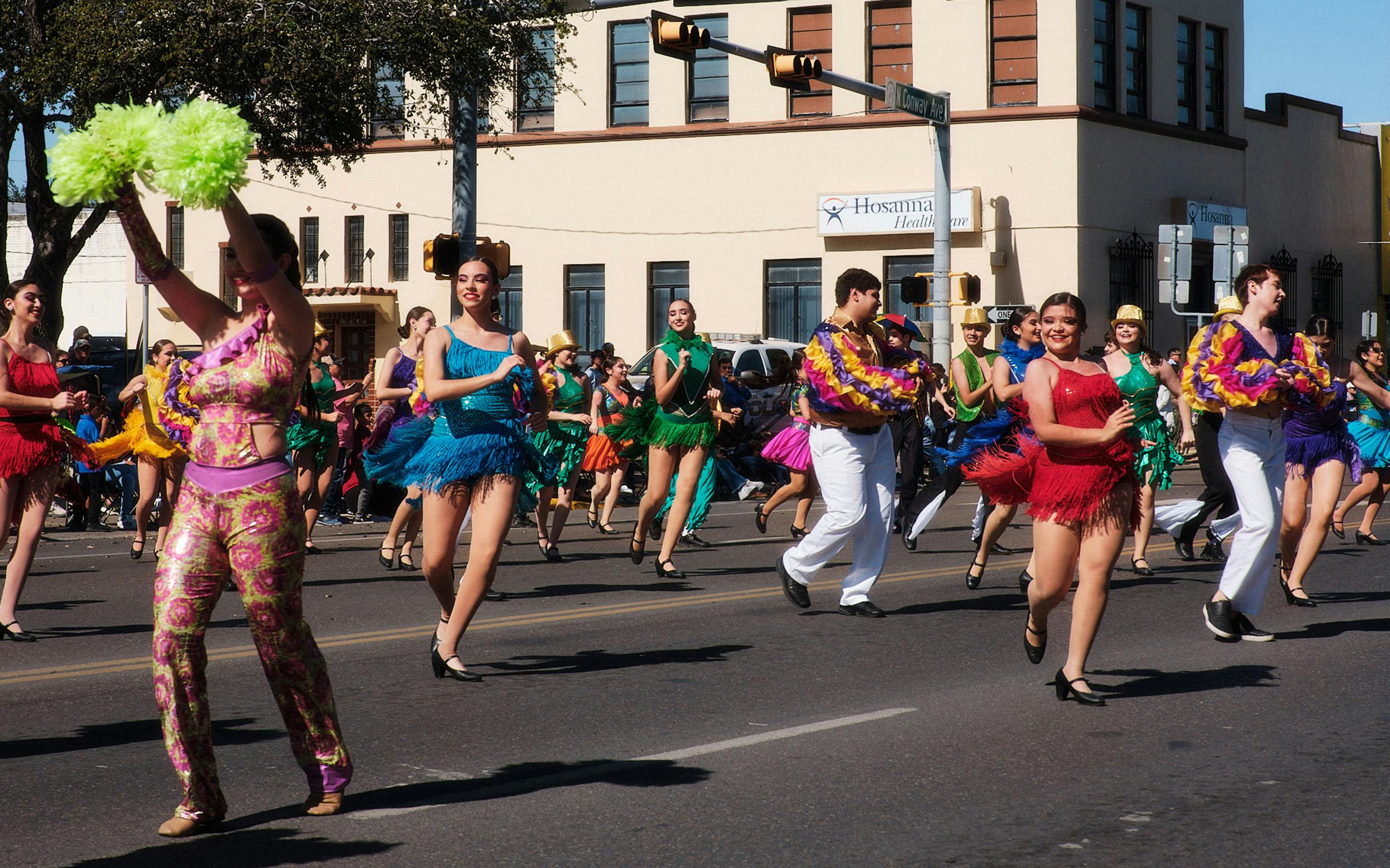 Dancers in Mission, TX during the annual Texas Citrus Fiesta parade on January 27, 2024.