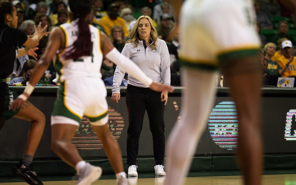 Head Coach Nicki Collen of the Baylor Bears watches from the sidelines at the first round of the 2022 NCAA Women's Basketball Tournament against the Hawai'i Rainbow Wahine held at the Ferrell Center on March 18, 2022 in Waco, Texas.