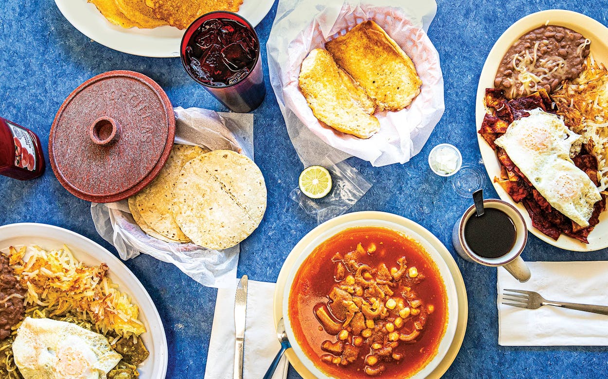 The menudo, with tortillas and buttery grilled bread.