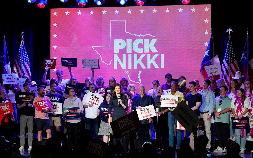 Republican presidential candidate former UN Ambassador Nikki Haley, center stage with microphone, speaks at a campaign event in Forth Worth, Texas, Monday, March 4, 2024.