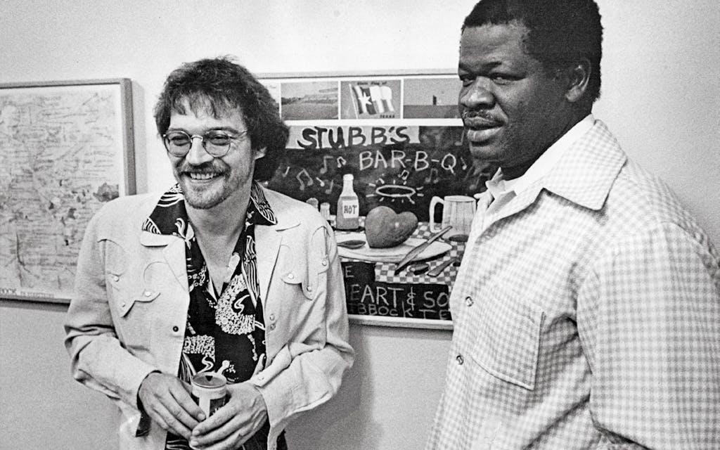 Allen and restaurateur Christopher B. “Stubb” Stubblefield at the Lubbock Lights gallery, in April 1979.