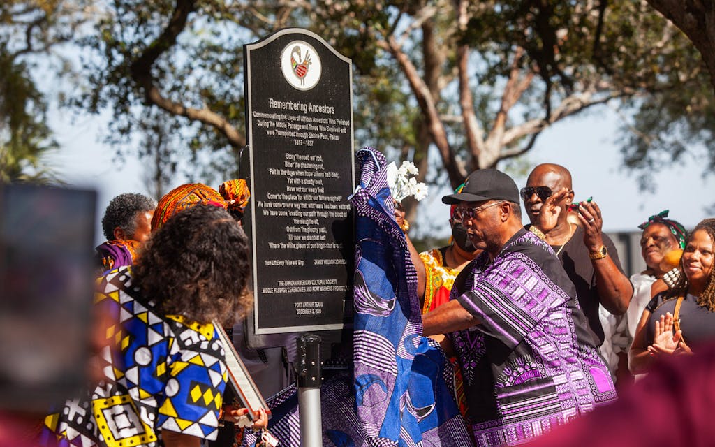 A new marker remembering enslaved people who were brought to Texas by sea, or who perished along the journey, is unveiled in Port Arthur on March 23, 2024.