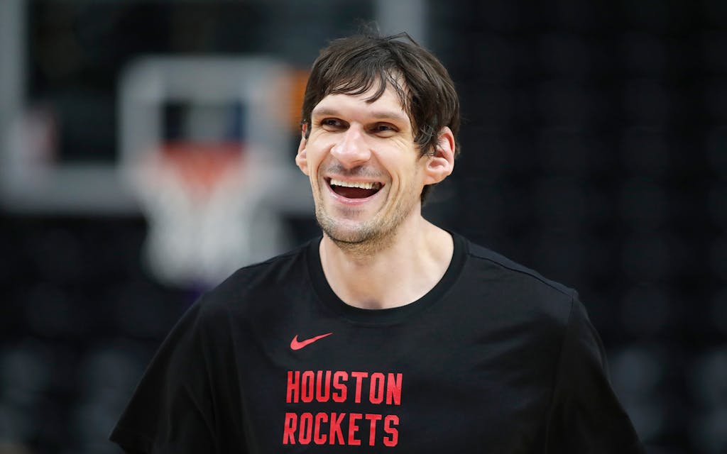 Boban Marjanovic #51 of Houston Rockets laughs during warmups before their game.
