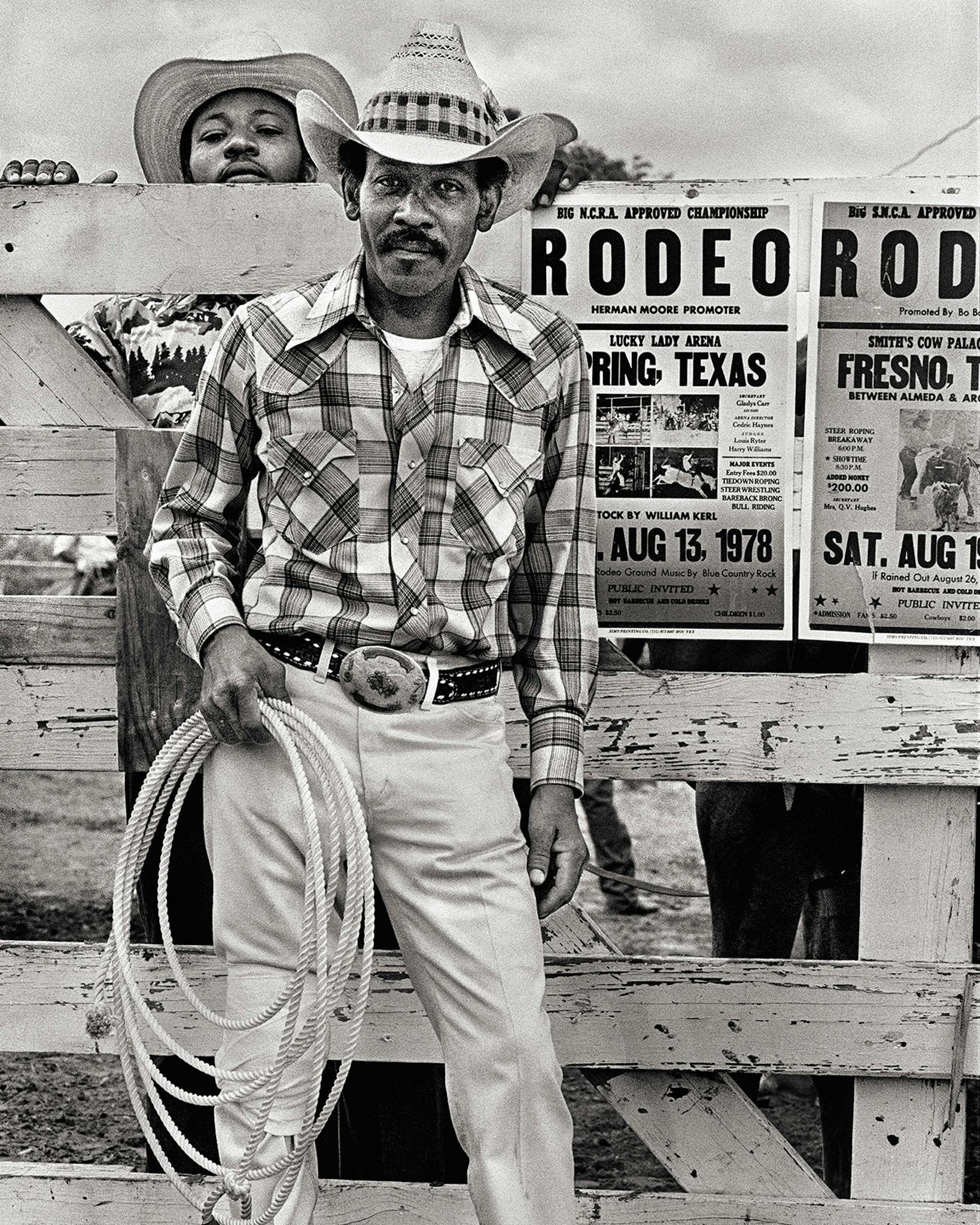 A cowboy known as Dynamite and the roper and steer wrestler Willie B. Pink at the Diamond L in 1978.