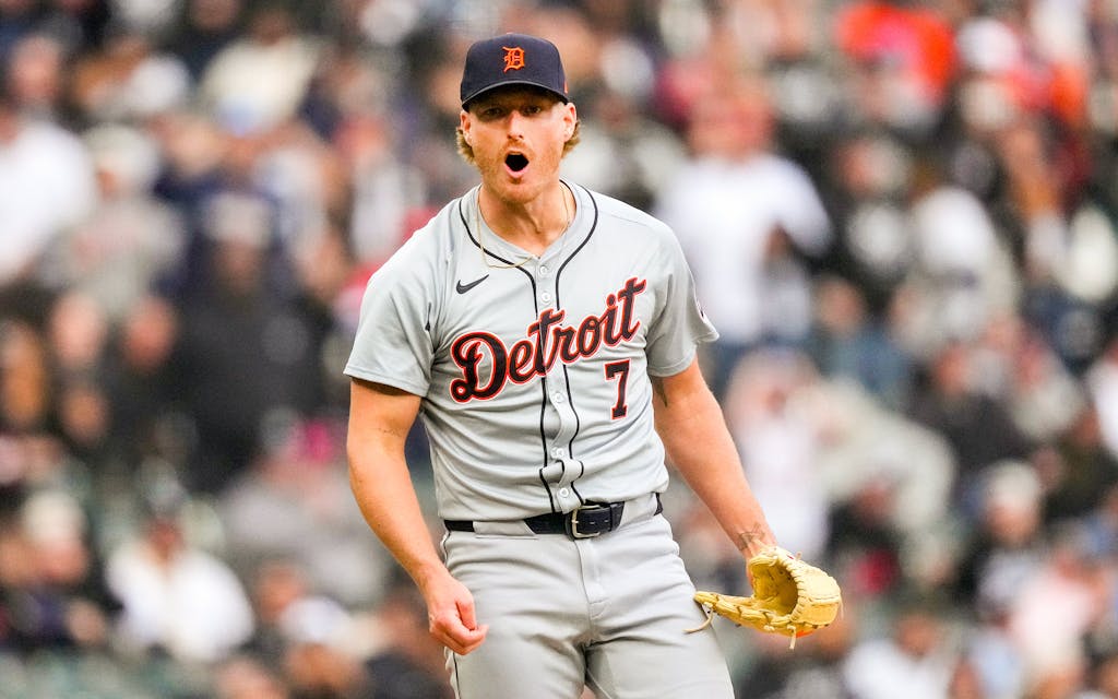 Detroit Tigers relief pitcher Shelby Miller strikes out Chicago White Sox's Dominic Fletcher to end the team's winning game on March 30, 2024, in Chicago.