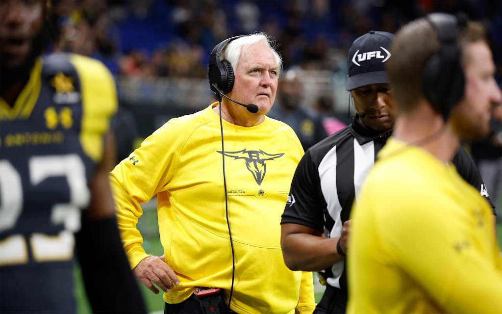 Head coach Wade Phillips of the San Antonio Brahmas watches during game against the Arlington Renegades at Alamodome on May 19, 2024 in San Antonio, Texas.