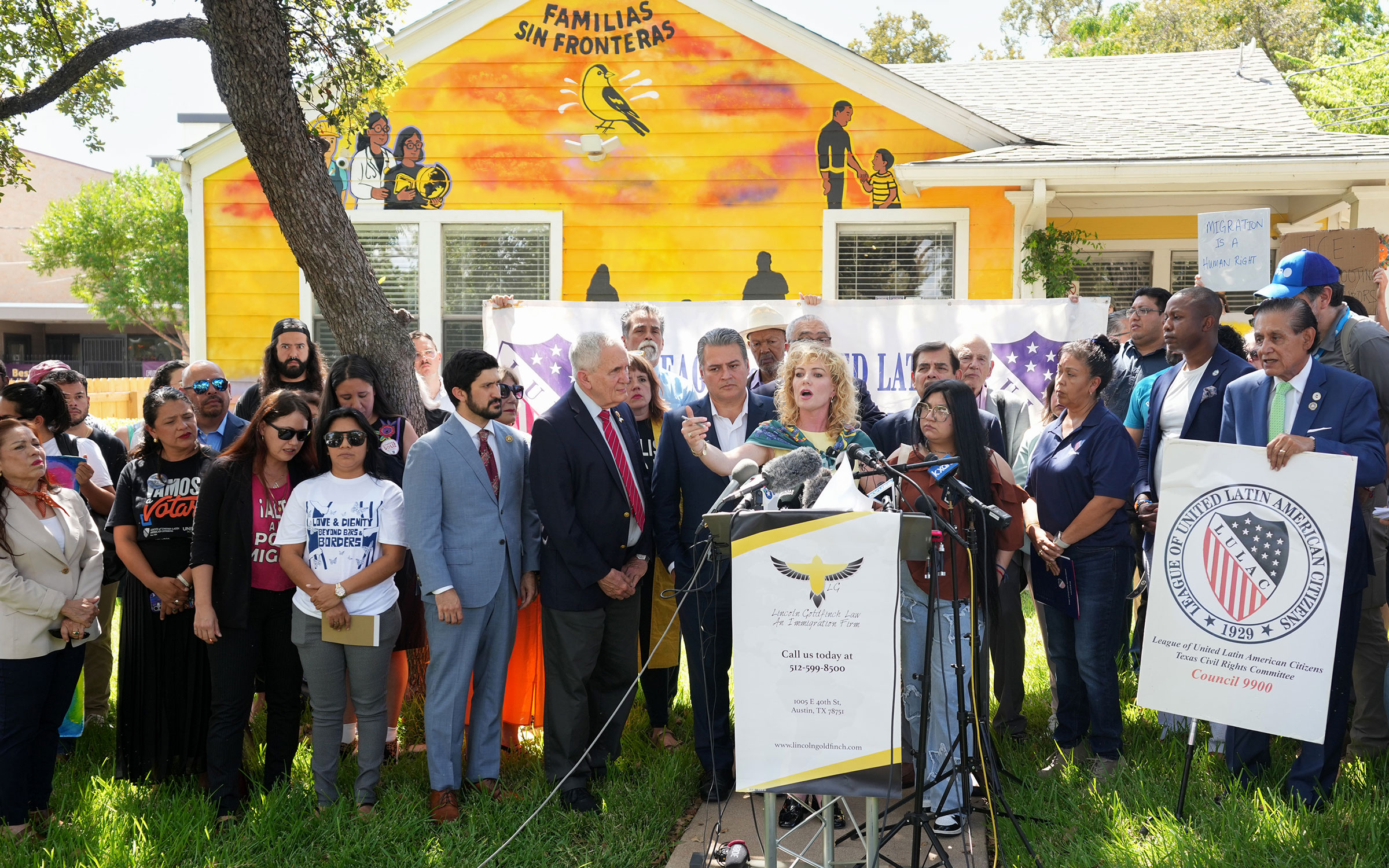 Kate Lincoln-Goldfinch, attorney for Wilber Rafael Garcés Perez, speaks during a news conference in Austin on September 21, 2026, about the shooting of her client by an ICE agent the previous day.