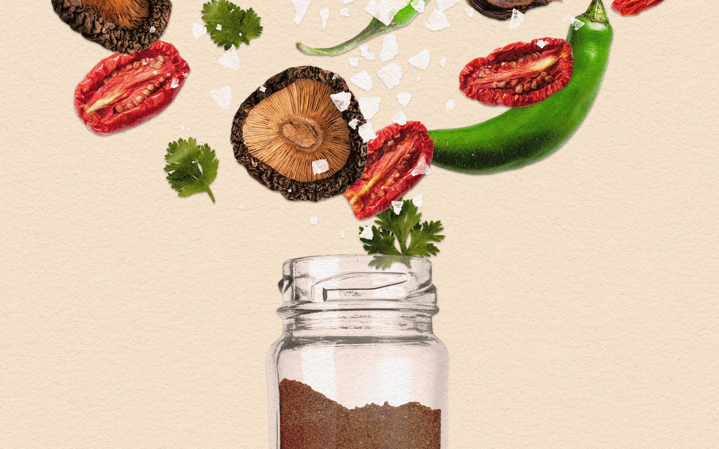 Illustration of chilies, tomatoes, mushrooms, herbs, and salt falling into a spice jar