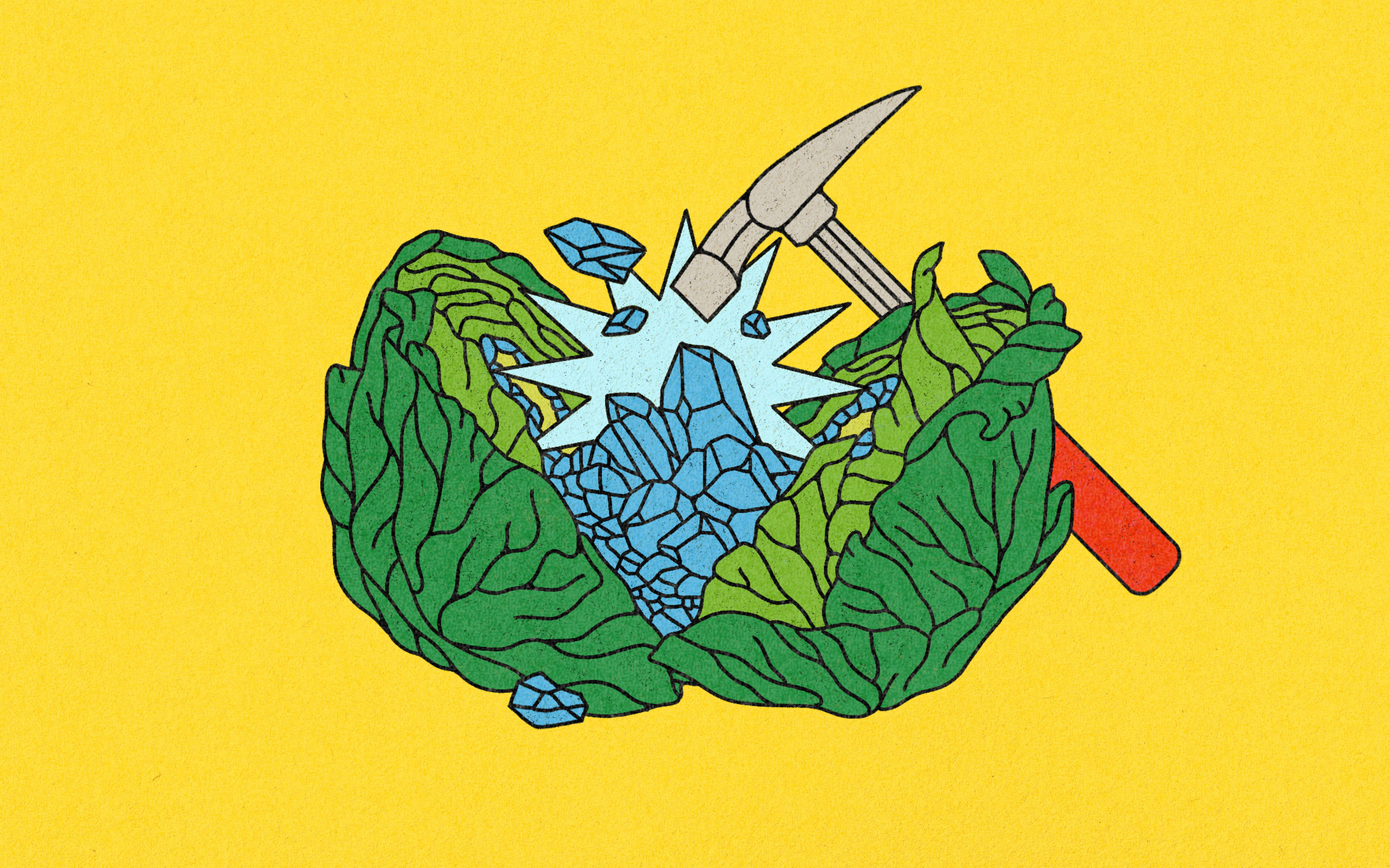illustration of hammer breaking cabbage in half